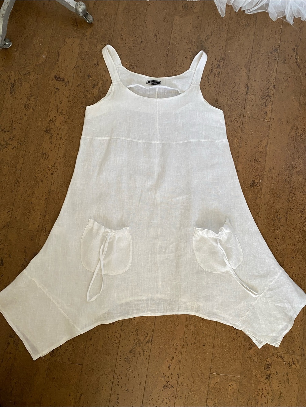 White Linen Sleeveless Tie-Pocket Hankerchief Dress by Froccella - Picture 8 of 10